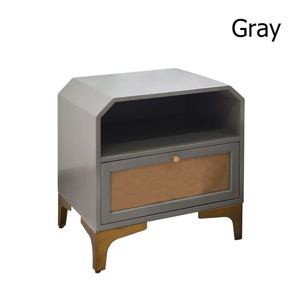 Grey Farmhouse Wood End Table with Storage Vintage Side Table in MDF & Rattan window image