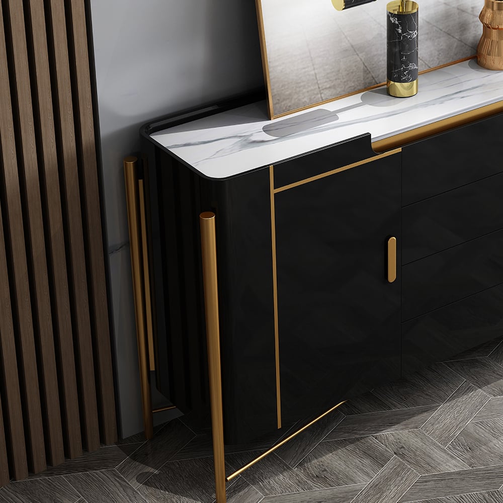 Modern White and Black Sideboard Cabinet with Drawers & Faux Marble Top Gold Legs window image