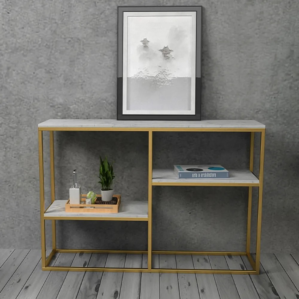 White Narrow Console Table with Shelves Marble Top & Metal Frame window image