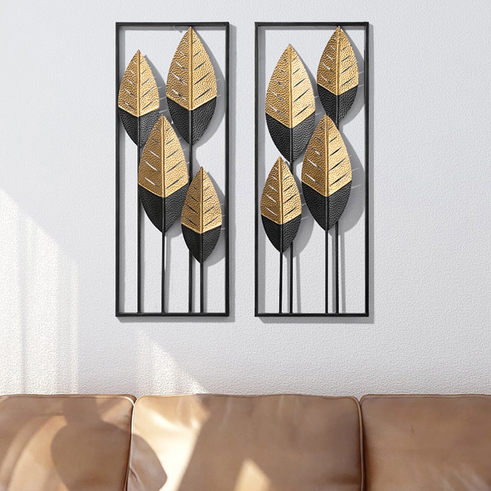 Modern Luxury 3D Gold & Black Leaves Wall Decor Home Art With Framed window image