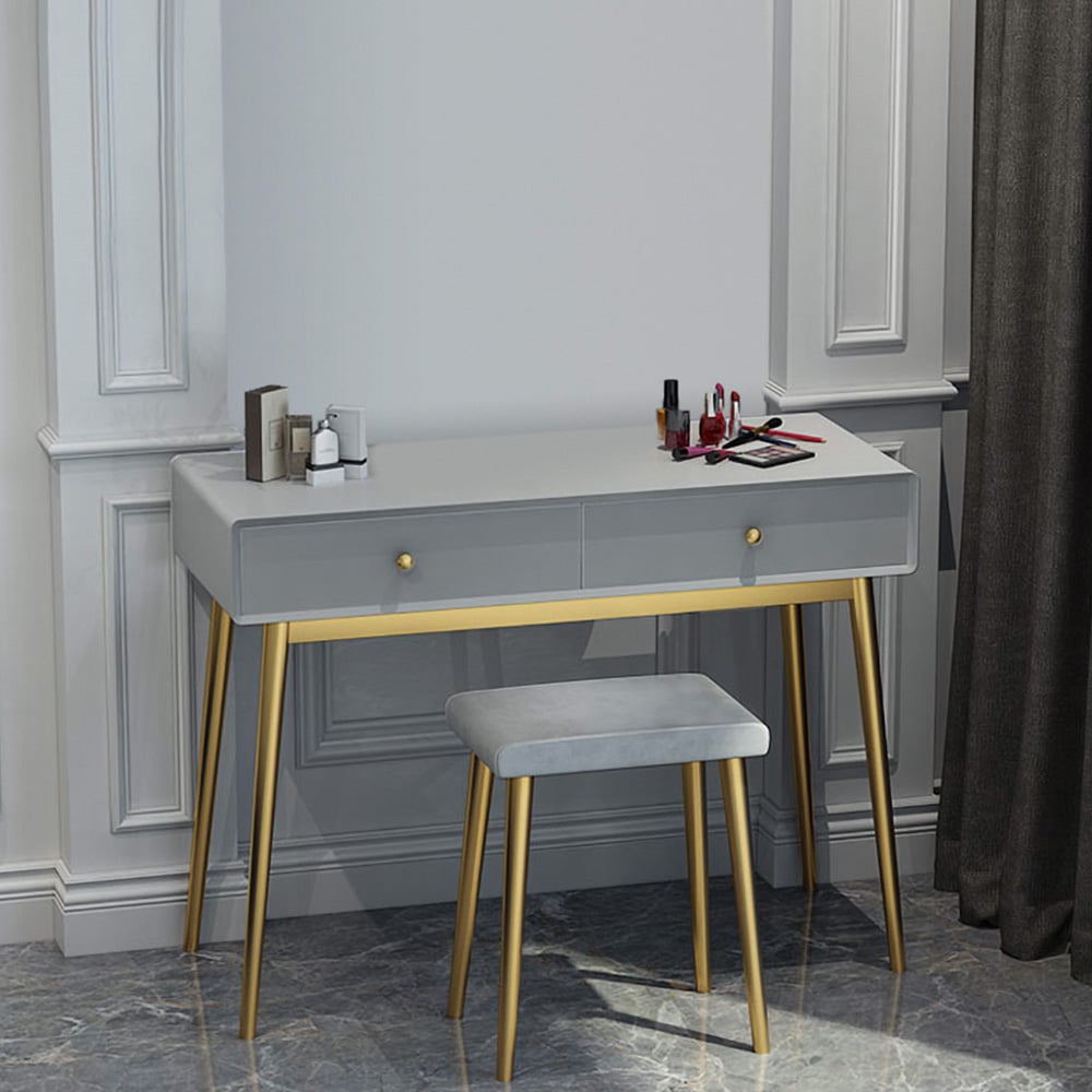 Grey Makeup Vanity Set with Storage 2 Drawer & Stool Mid-Century Modern window image