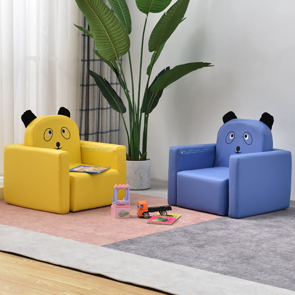 Blue Leather Upholstered Kids Chair with Cute Cartoon Backrest window image