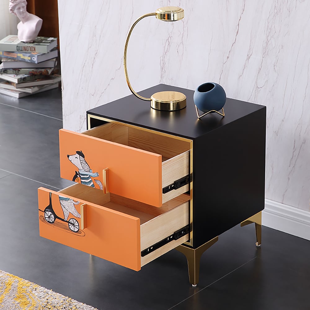 Orange & Black Nightstand with 2 Drawers Contemporary Paint Pattern Gold Pulls window image