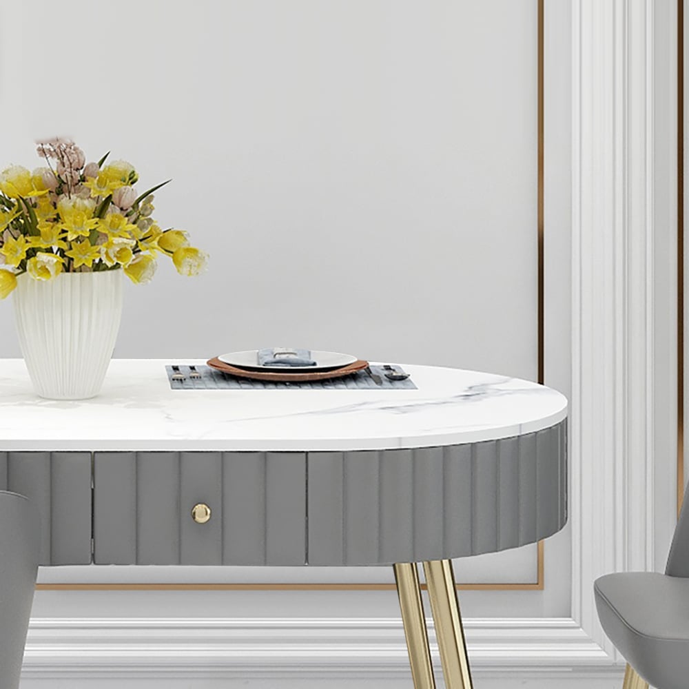 Grey Oval Dining Table with Drawer Marble Top & Metal Legs window image