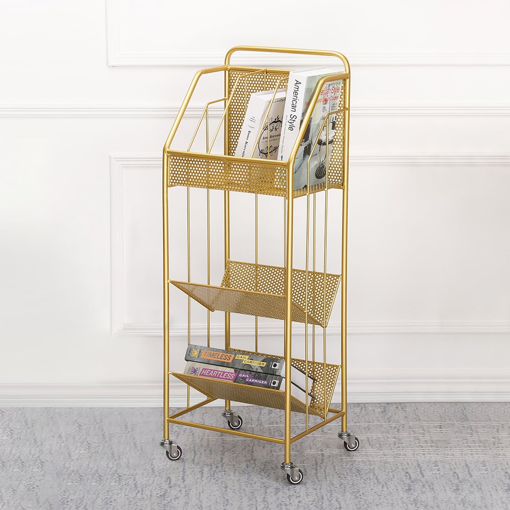 Étagère à livres rectangulaire moderne à 3 niveaux avec bibliothèque à roulettes en or 990 mm image de fenêtre