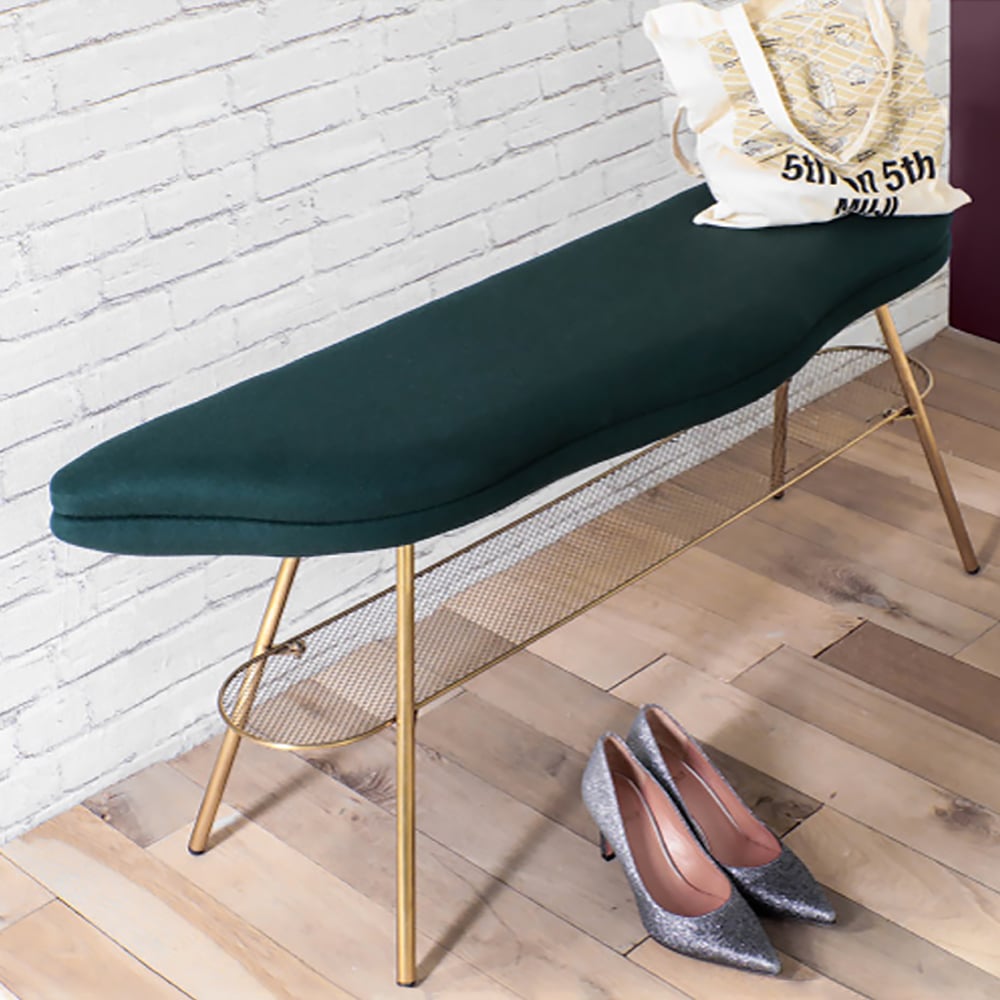 47" Green Boucle Upholstered Bench with Storage Shelf & Clearance Stainless Steel Gold window image