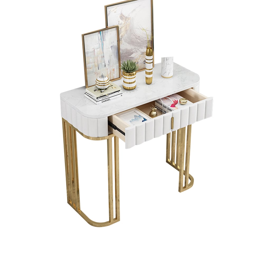 White Modern Console Table with Drawers Marble Top & Metal Frame window image