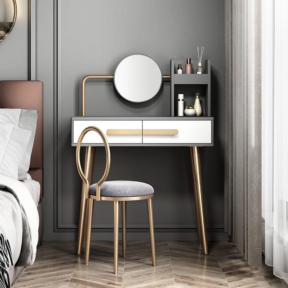 Table de maquillage gris nordique avec miroir à 2 tiroirs et tabouret inclus en or image de fenêtre