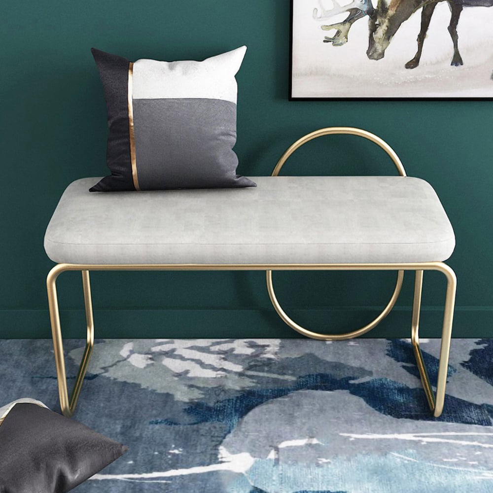 Gray Entryway Bench Upholstered Velvet Modern Bench in Gold window image