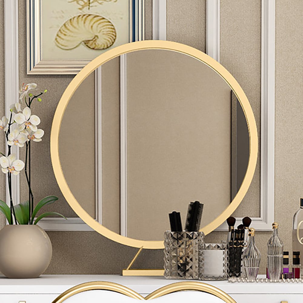 Moderne witte make-upkaptafel met 2 lades met spiegel en kunstleren kruk Vensterafbeelding