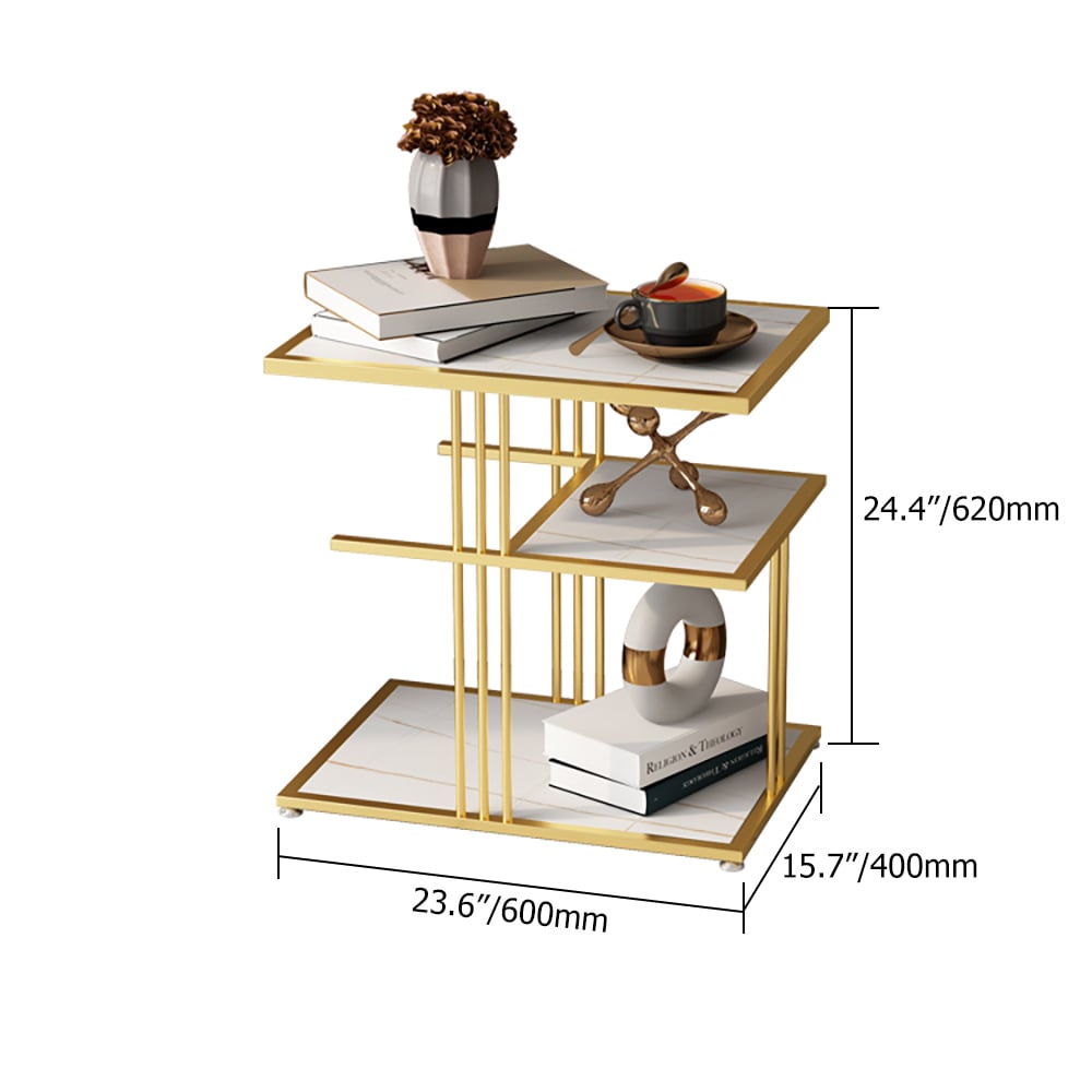 White Rectangle End Table with Shelf Metal Frame 3-Tiers window image