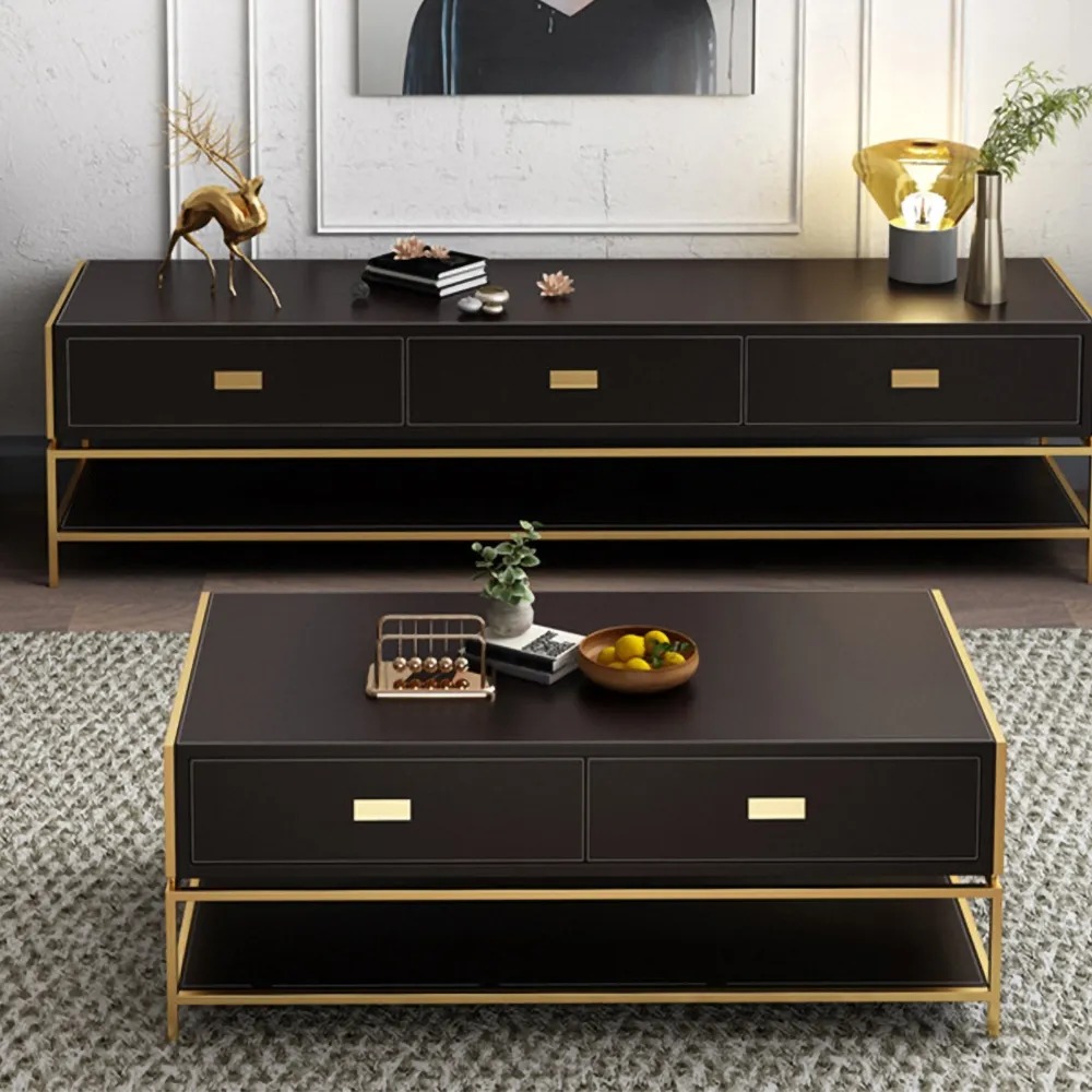 Modern Coffee Table with Drawers & Shelf Metal Frame window image