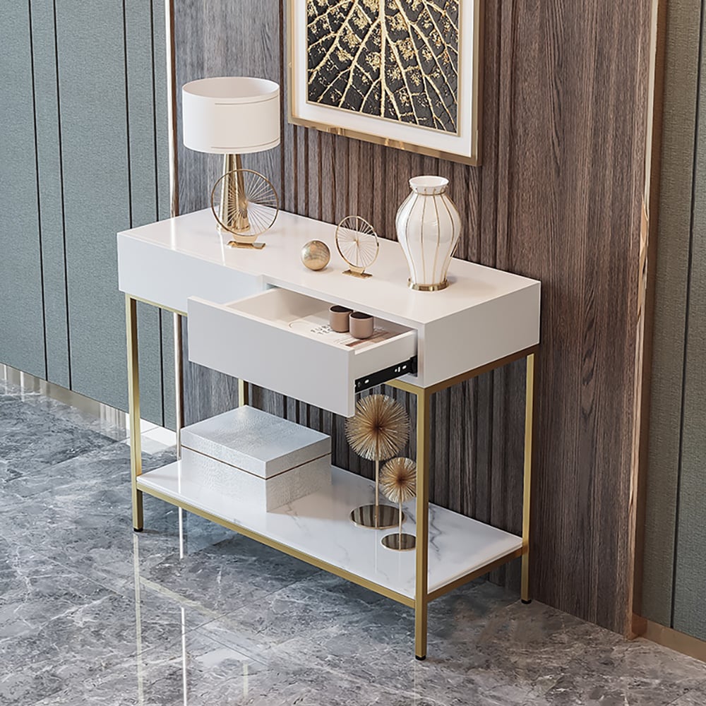 White Console Table with Drawers & Shelf Metal Frame window image