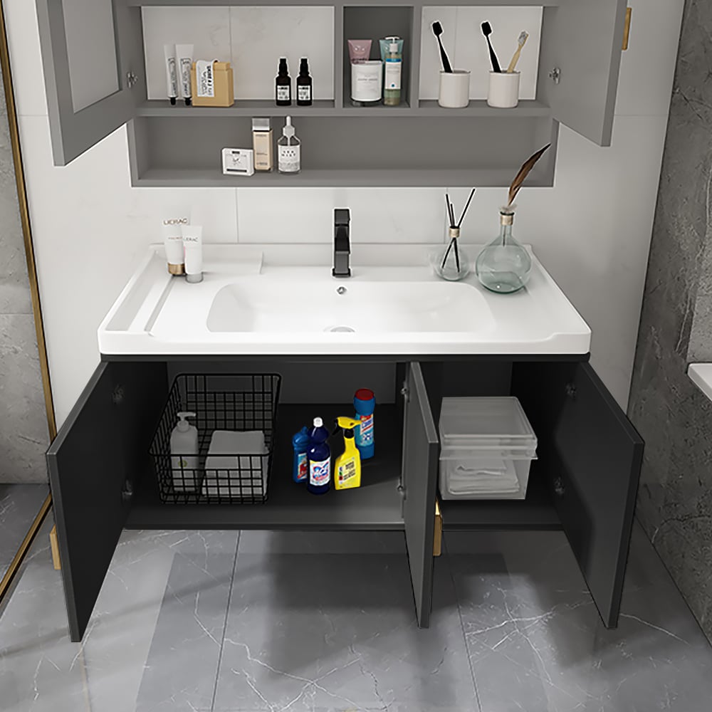 Meuble de salle de bain suspendu noir 1020 mm avec vasque encastrable en céramique avec poignées dorées image de fenêtre