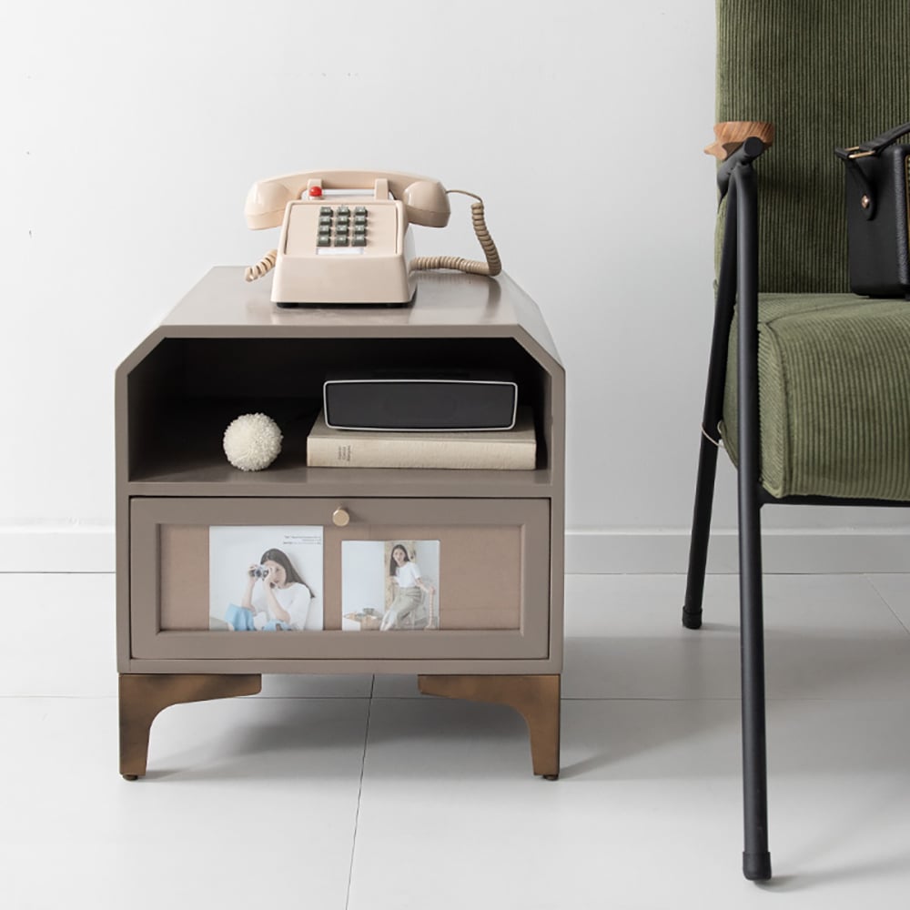Grey Farmhouse Wood End Table with Storage Vintage Side Table in MDF & Rattan window image