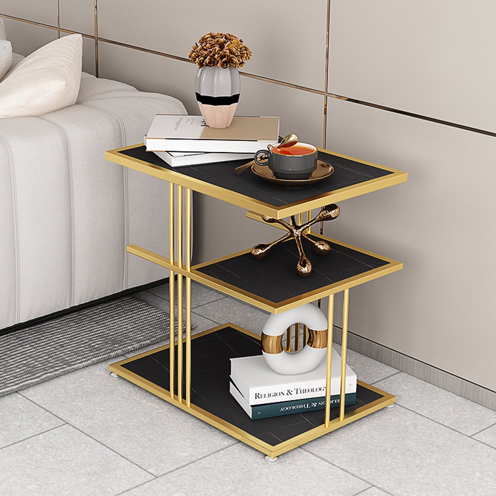 Black Rectangle End Table with Shelf Metal Frame 3-Tiers window image