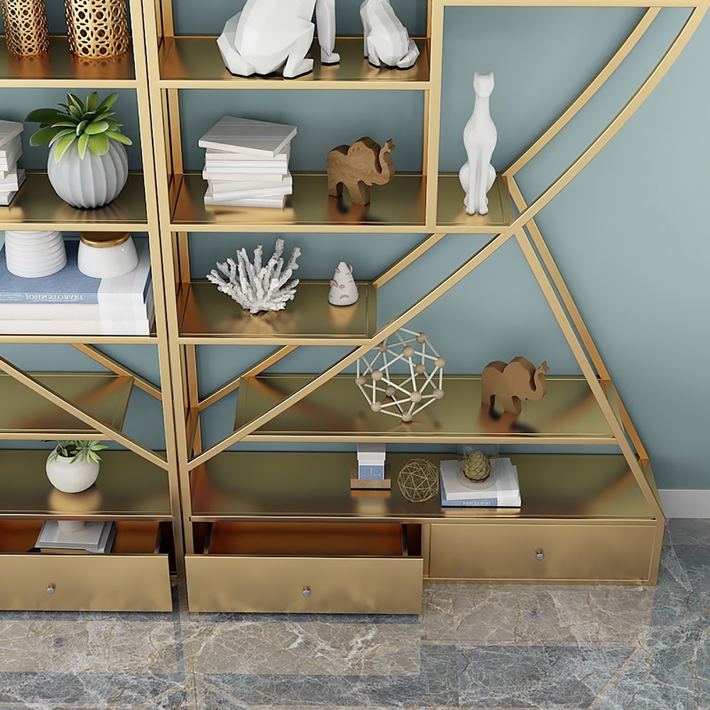 Unique Gold Metal Etagere Bookshelf with 2 Drawers Piece 1 window image