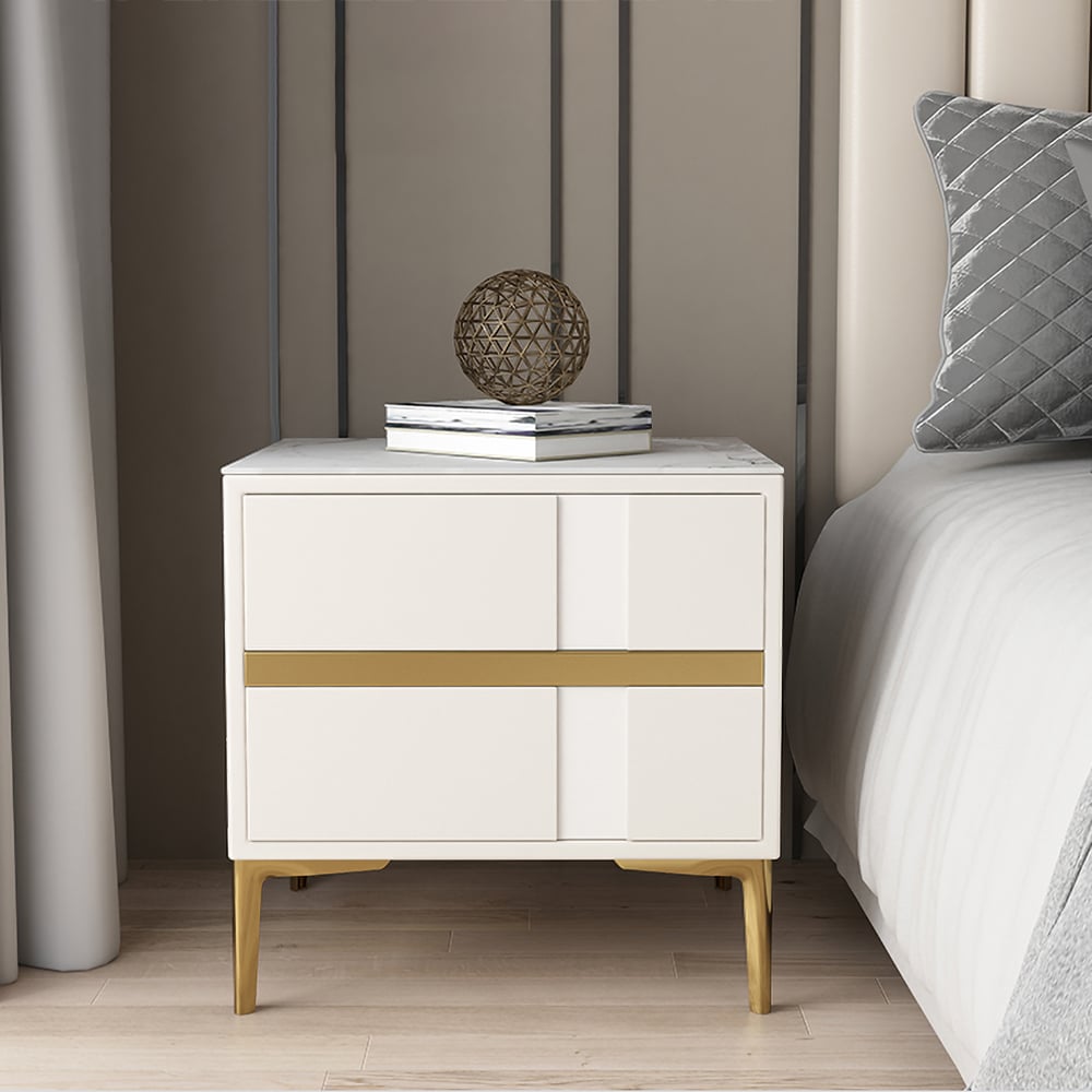 Beige Bedroom Nightstand with 2-Drawer Modern Bedside Table Stone Top window image