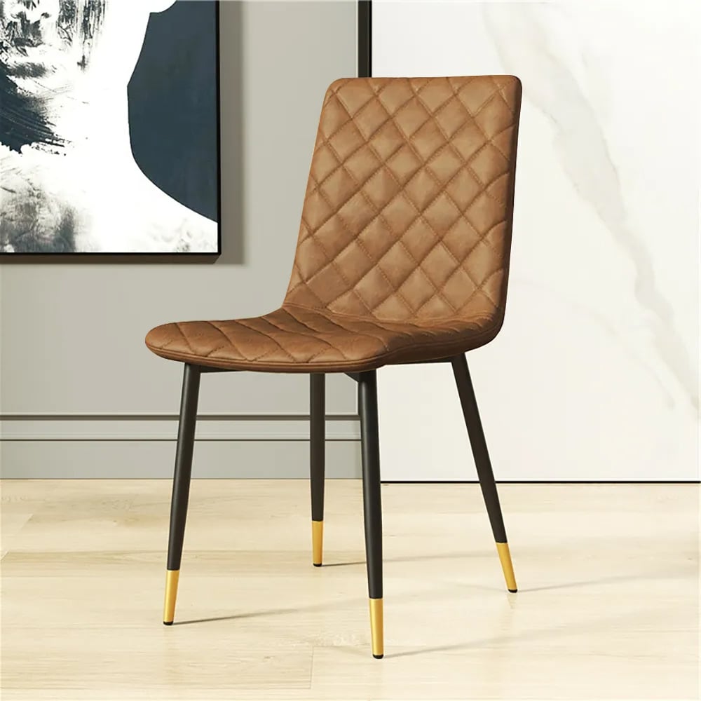 Light Brown PU Leather High Back Upholstered Dining Chair in Black & Gold Legs Set of 2 window image