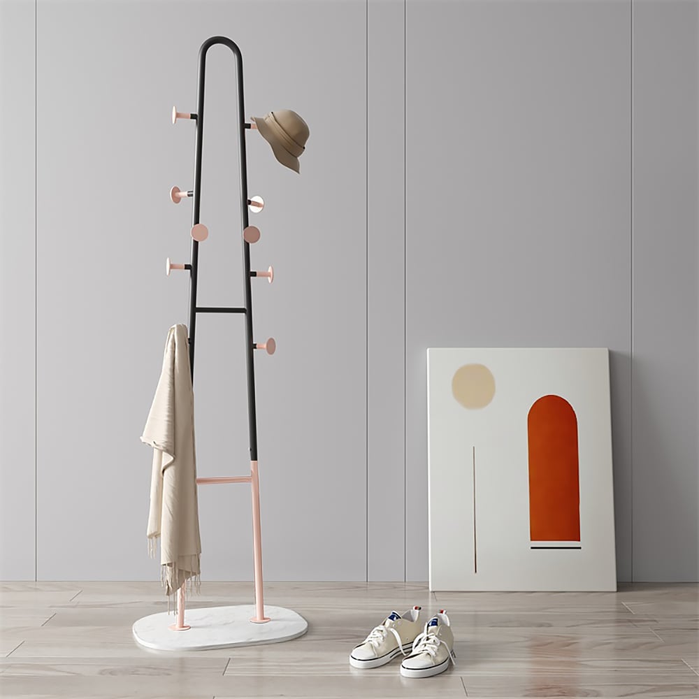 Minimalist Metal Hall Tree Coat Rack Hat Hanger with 10 Hooks in Black & Pink window image