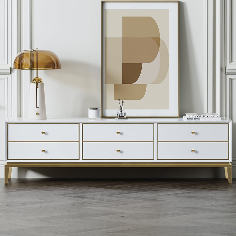 Meuble TV moderne blanc et doré du milieu du siècle avec 6 tiroirs de rangement pour téléviseurs jusqu'à 75 po image de fenêtre