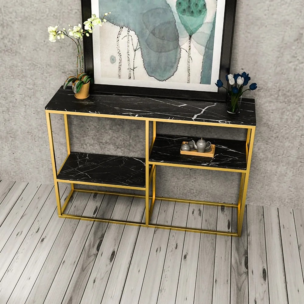 Black Narrow Console Table with Shelves Marble Top & Metal Frame window image
