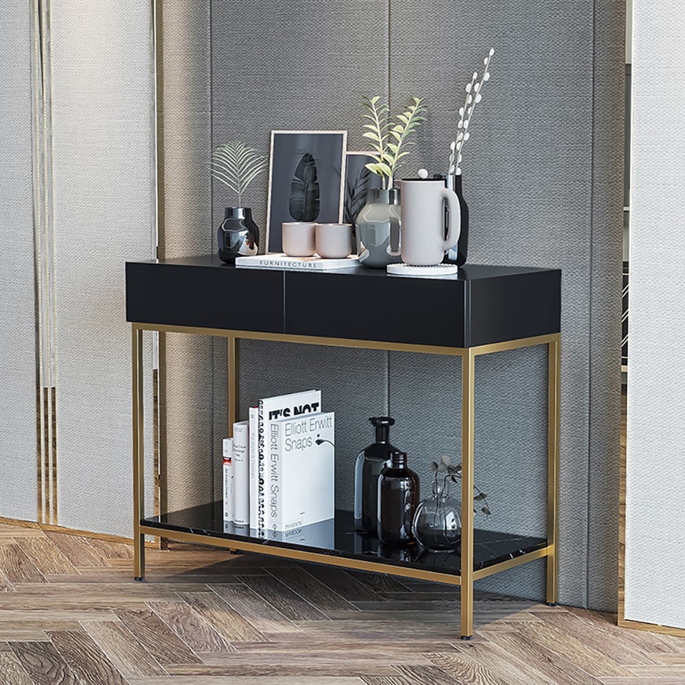 Black Console Table with Drawers & Shelf Metal Frame window image