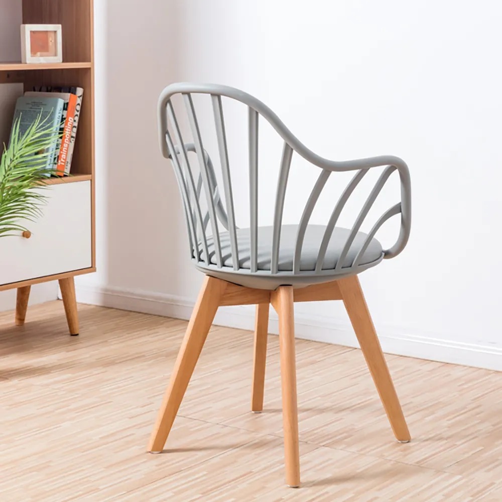 Nordic Grey Hollow-out Dining Chair with Wooden Leg Plastic Stool Set of 2 window image