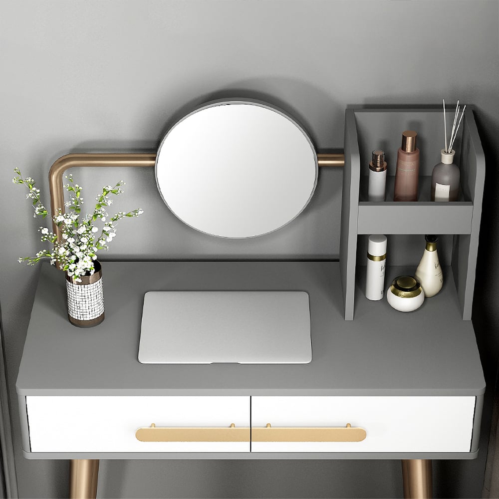 Table de maquillage gris nordique avec miroir à 2 tiroirs et tabouret inclus en or image de fenêtre