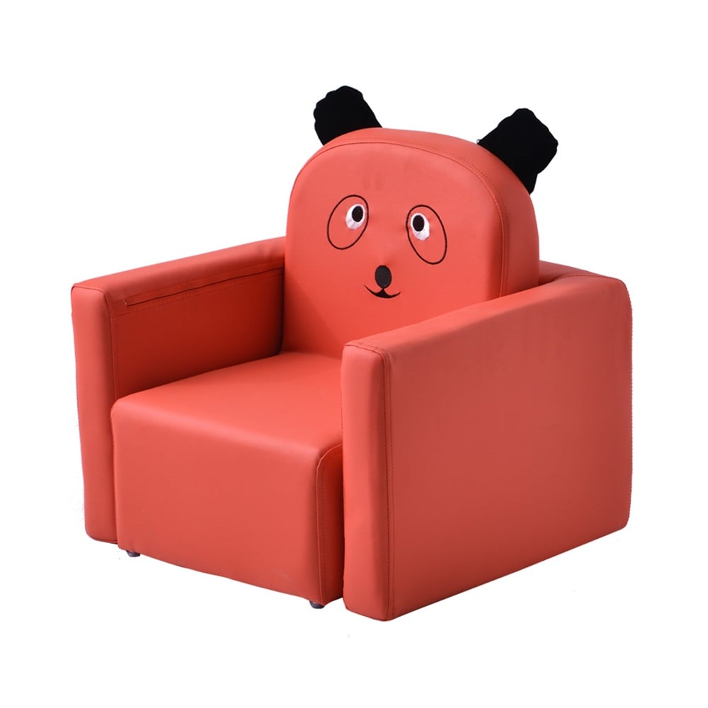 Red Leather Upholstered Kids Chair with Cute Cartoon Backrest window image
