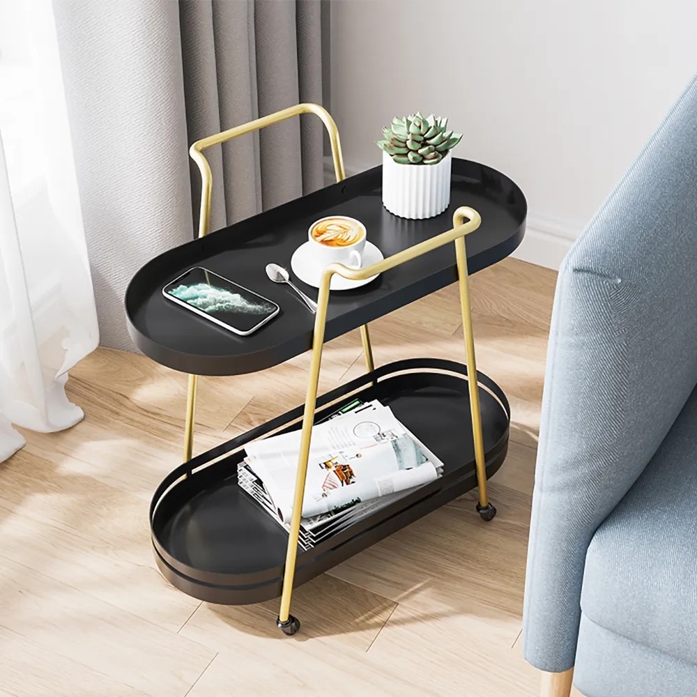 Black 2-Tiered End Table with Shelf Metal Side Table with Wheel window image