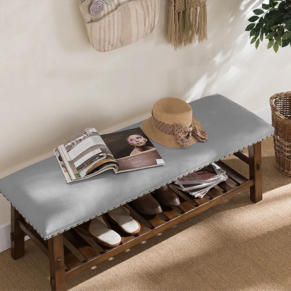 39.4" Modern Upholstered Ottoman Pouf Bench with Shoe Storage window image