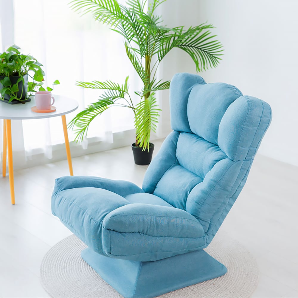 Blue Cotton & Linen Lounge Chair Swivel Sofa Chair 360 Degree & Adjustable Backrest window image