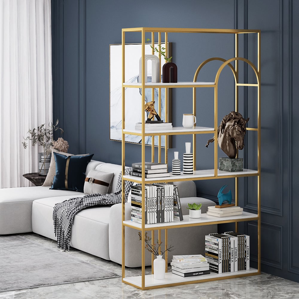 1800mm Rectangle 5-Tiered Freestanding Etagere Bookshelf in Gold & White window image