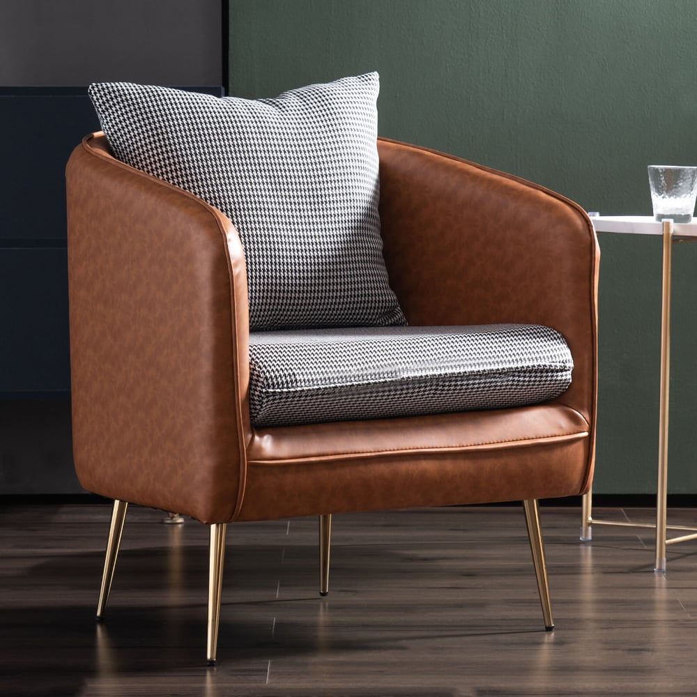 Brown Barrel Accent Chair Upholstered PU Leather&Linen Houndstooth Chair Pillow Included window image