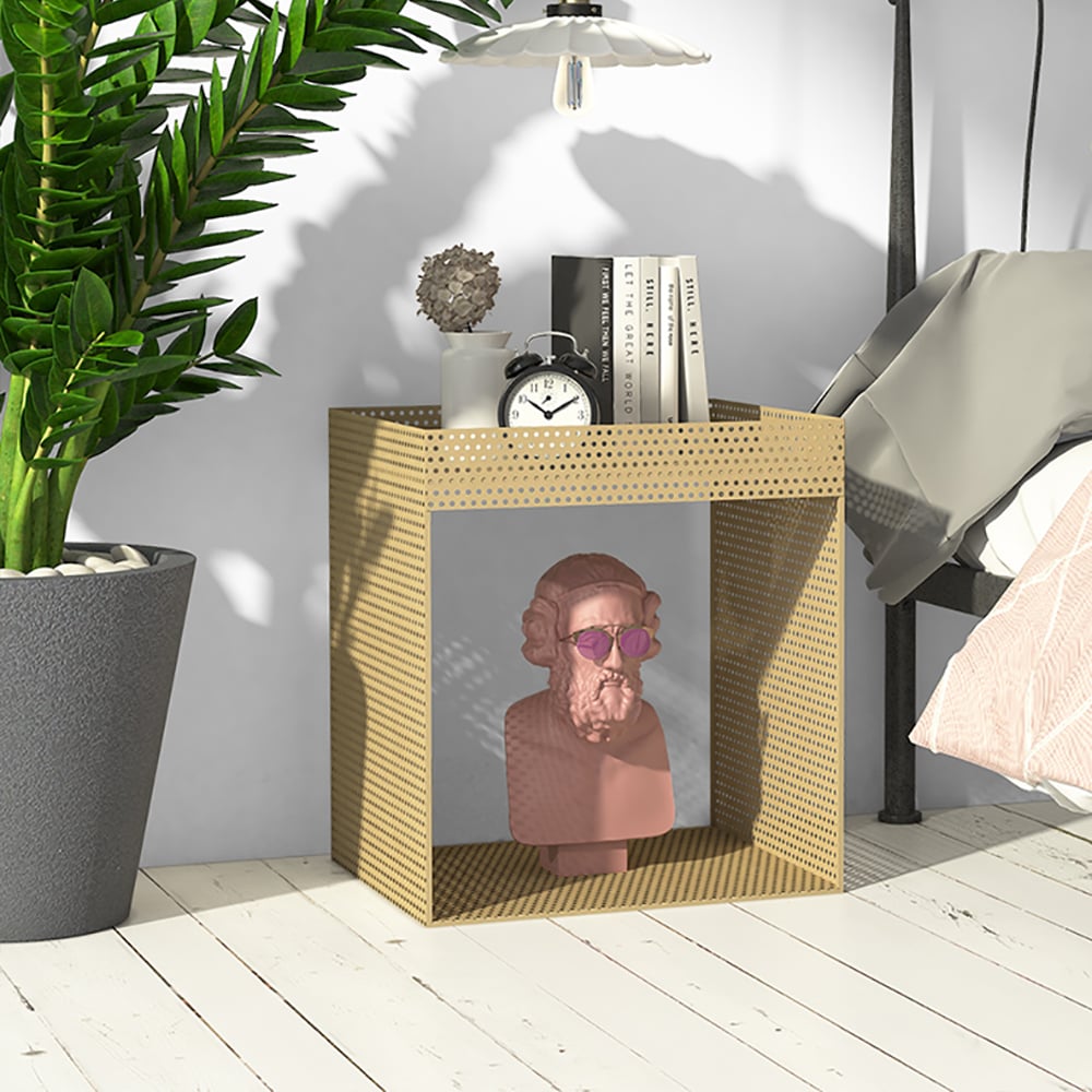 Moderne bijzettafel met staande plank van gaas in goud Vensterafbeelding