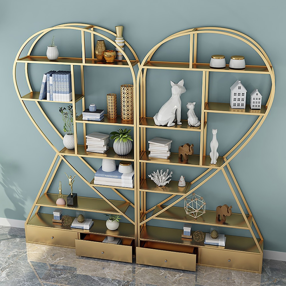 Unique Gold Metal Etagere Bookshelf with 2 Drawers Piece 1 window image