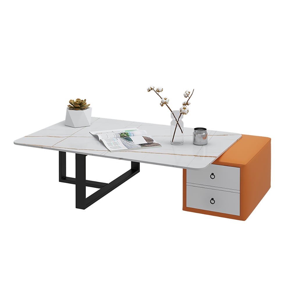 Modern White Coffee Table with Drawer in Sintered Stone Top & Metal Frame window image