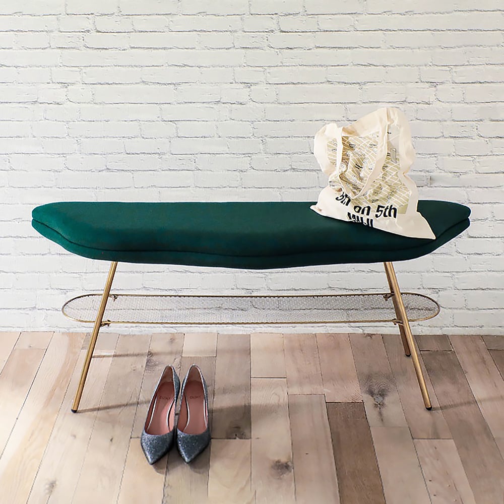 47" Green Boucle Upholstered Bench with Storage Shelf & Clearance Stainless Steel Gold window image