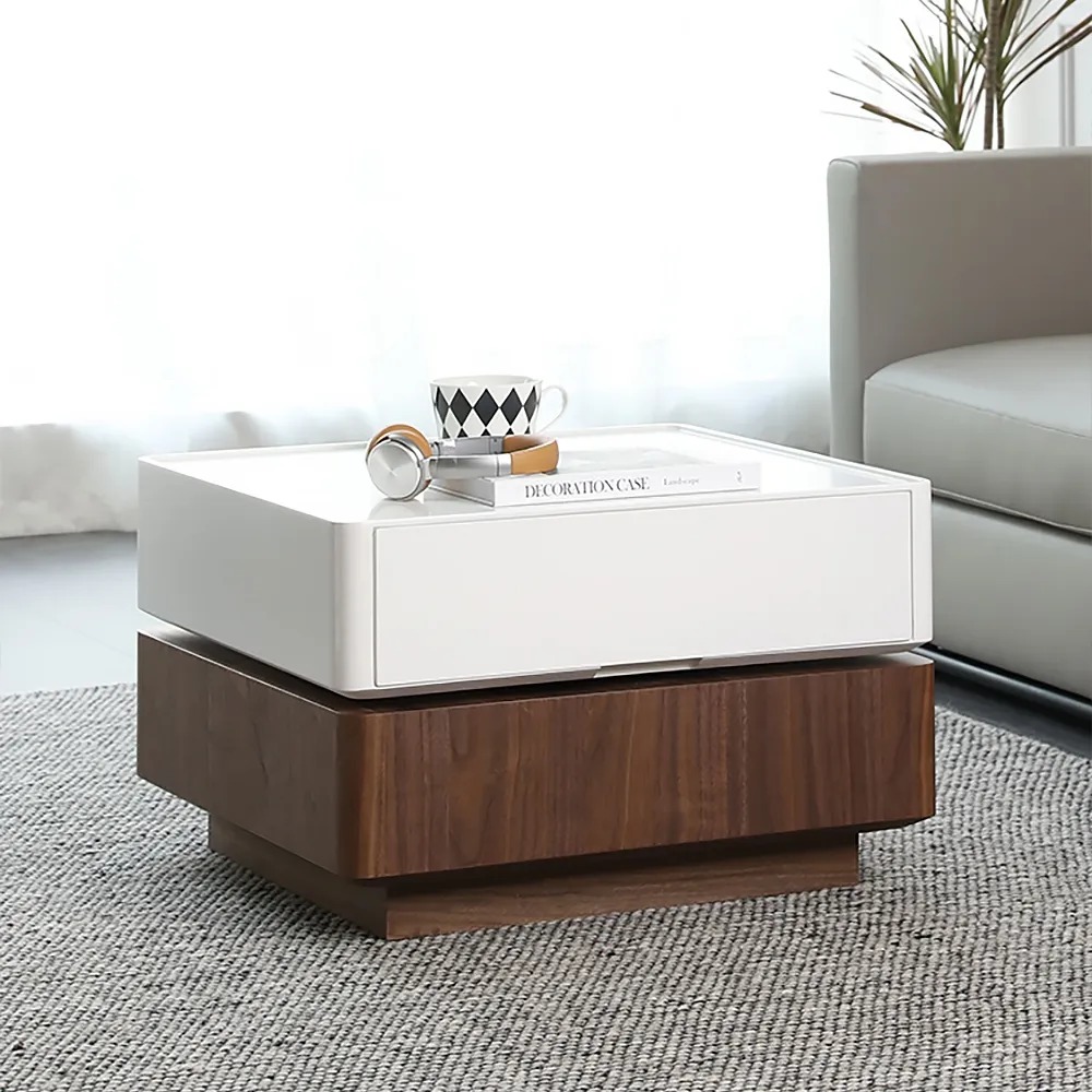 White&Walnut Square Rotating Coffee Table Modern Accent Table with 2-Drawer window image