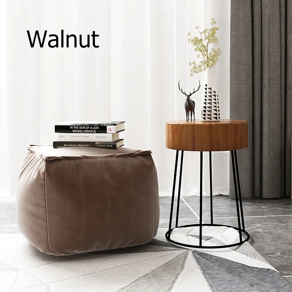 Modern Round End Table Metal Side Table with Wooden Top Walnut window image