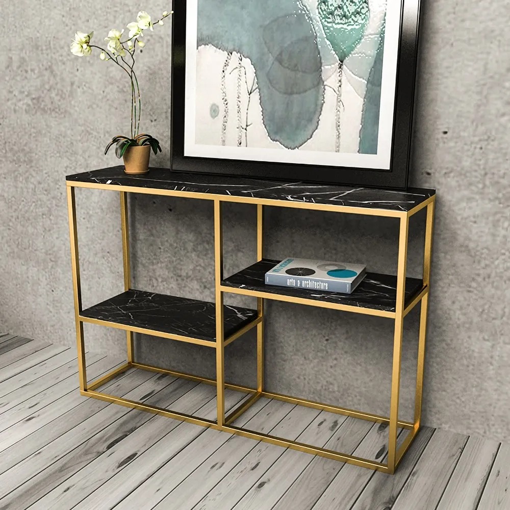 Black Narrow Console Table with Shelves Marble Top & Metal Frame window image