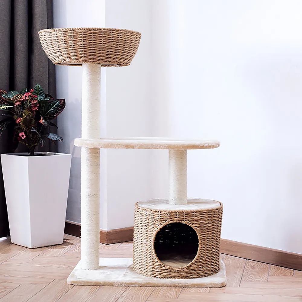 37.8" Woven Cat Tree Pet Nest and Condo Velvet Sisal Scratching Post 3 Tier window image
