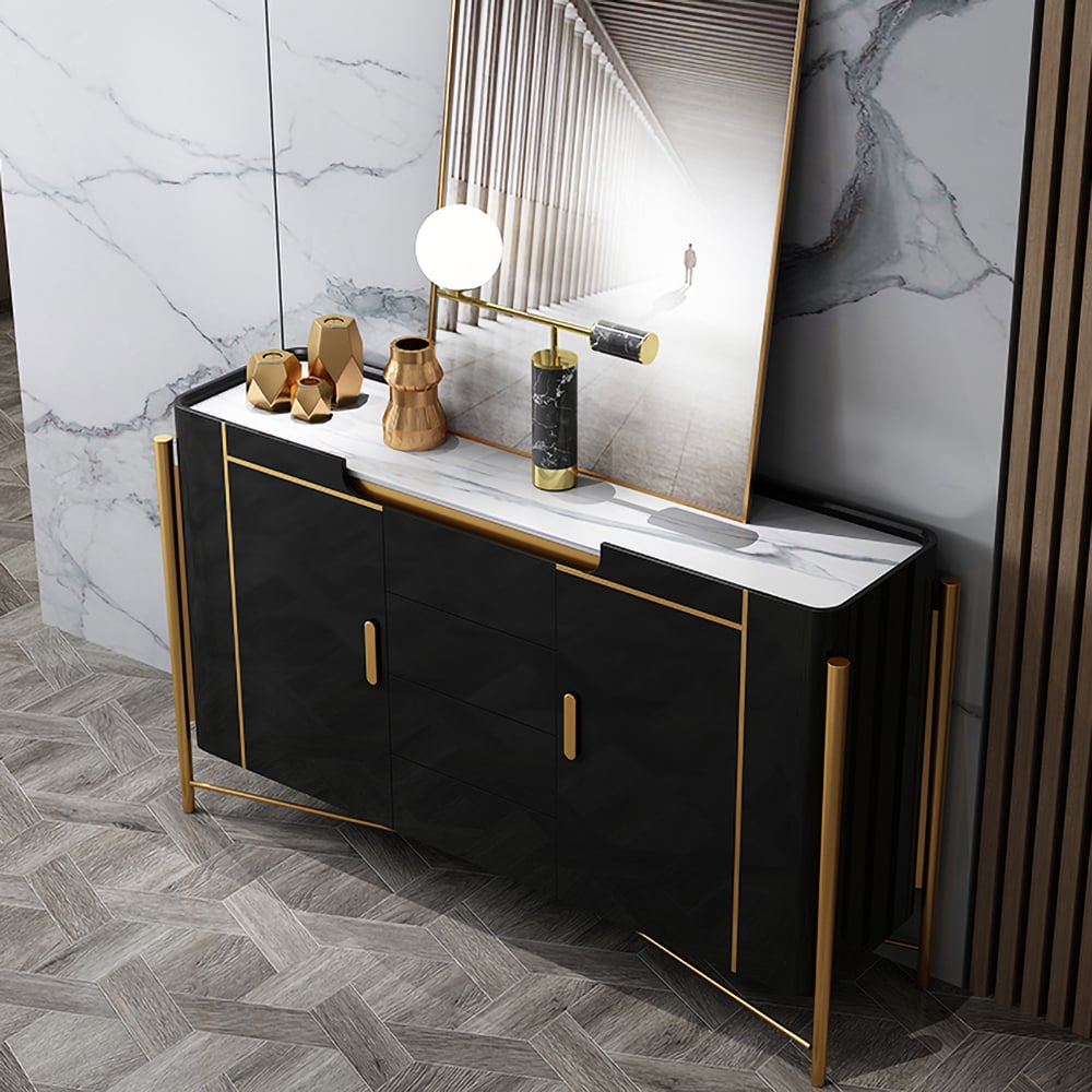 Modern White and Black Sideboard Cabinet with Drawers & Faux Marble Top Gold Legs window image