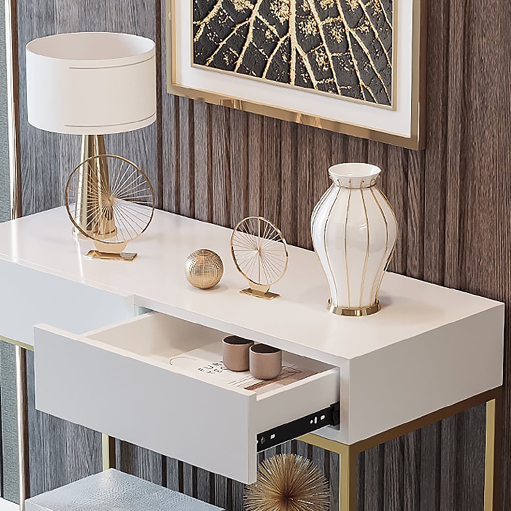 White Console Table with Drawers & Shelf Metal Frame window image