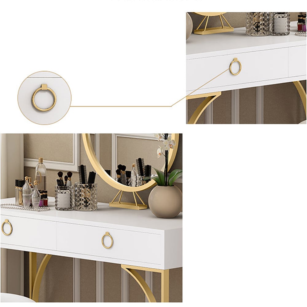 Moderne witte make-upkaptafel met 2 lades met spiegel en kunstleren kruk Vensterafbeelding