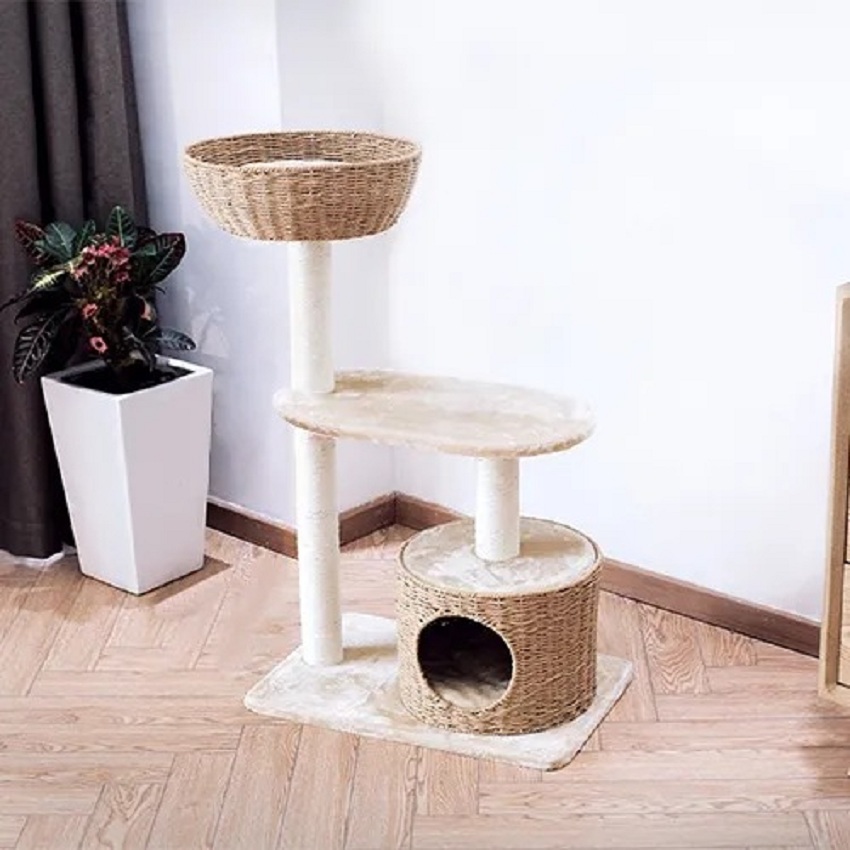 37.8" Woven Cat Tree Pet Nest and Condo Velvet Sisal Scratching Post 3 Tier window image