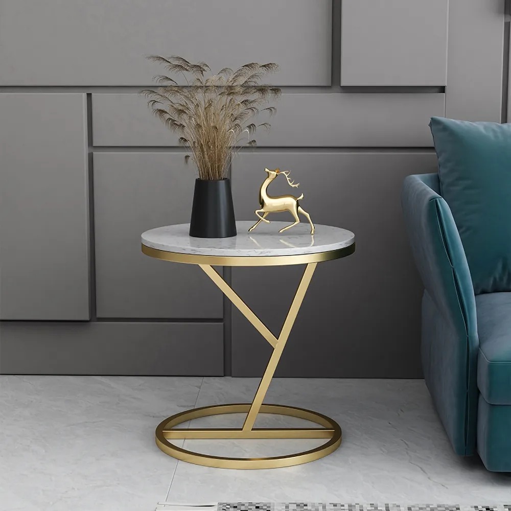 White Round Side Table with Marble Top Metal Frame window image