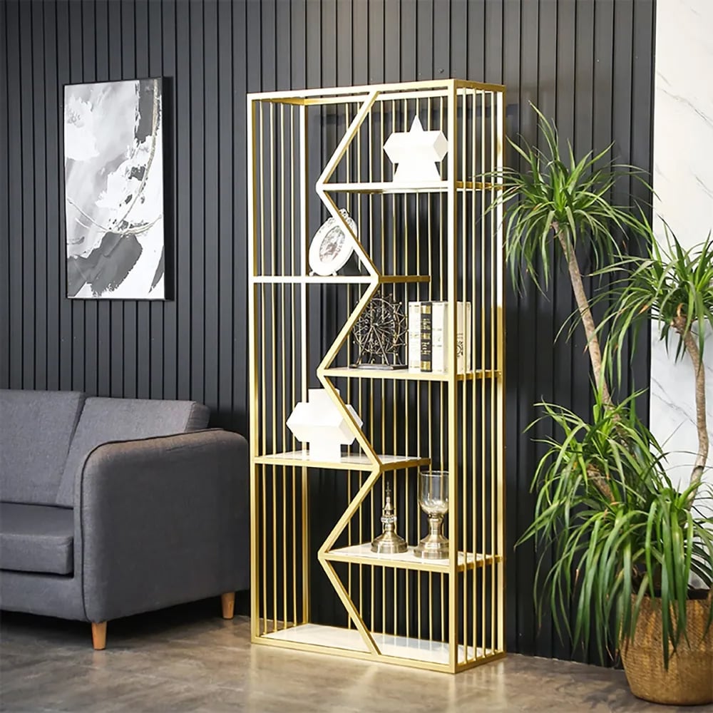 Modern Metal Cornor Bookshelf Standing with 6-Tiered Shelving Gold & White window image
