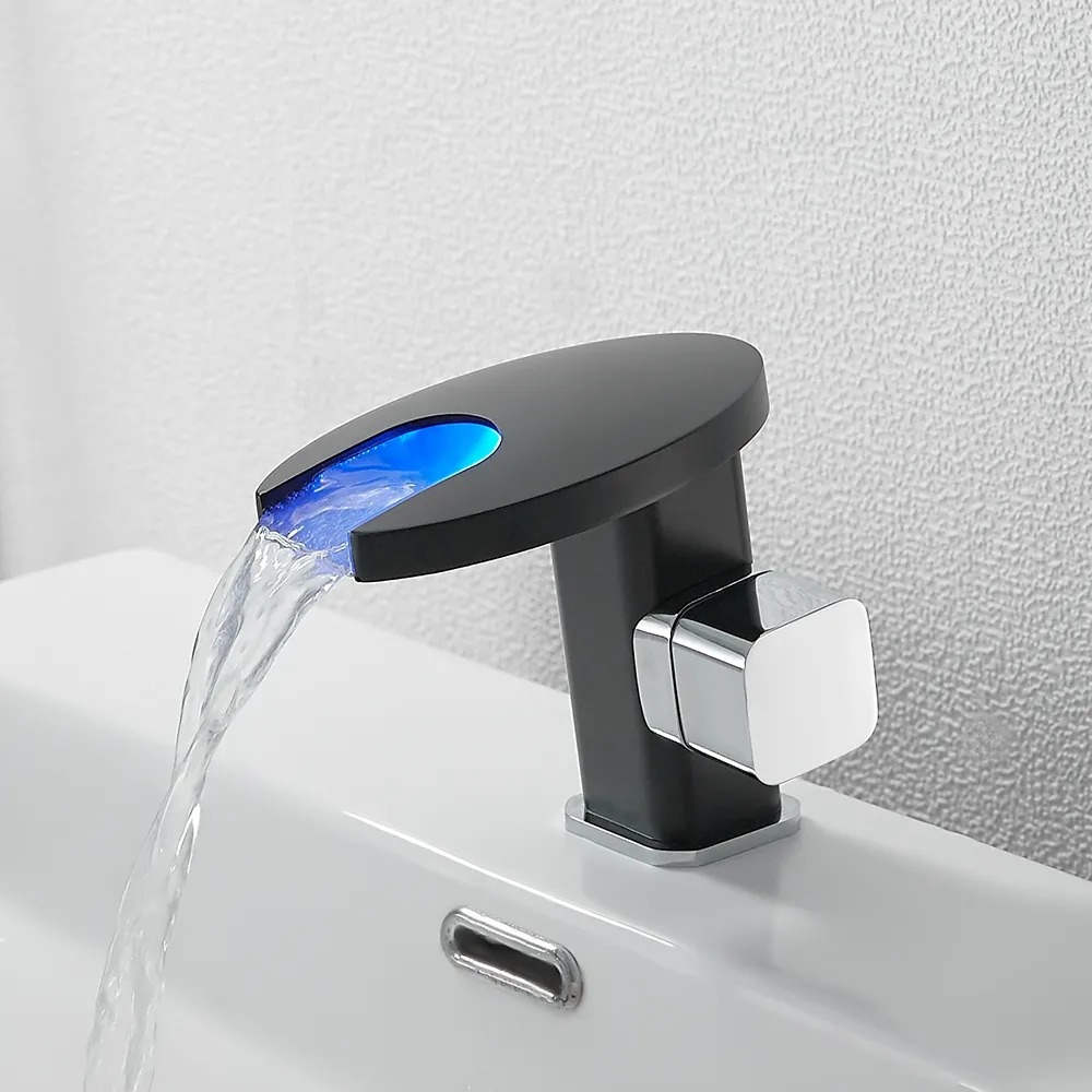 Mitigeur de lavabo de salle de bain à LED à bec rond en laiton massif noir et chrome image de fenêtre